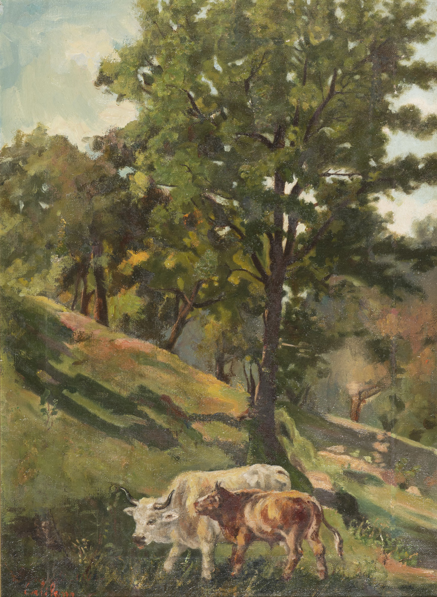 FRANK CALIFANO (America 1879 - 1939) Landscape with herds Oil on canvas, cm. 57 x 40 Signed bottom