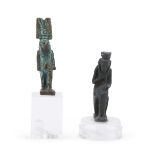 A PAIR OF EGYPTIAN FAIANCE AMULETS, EGYPT LATE DYNASTIC PERIOD, 664/32 B.C. Isis sitting in armchair