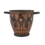 SKYPHOS, 20TH CENTURY in orange clay, black-figured. Measures cm. 19 x 20 x 28. The find is reported