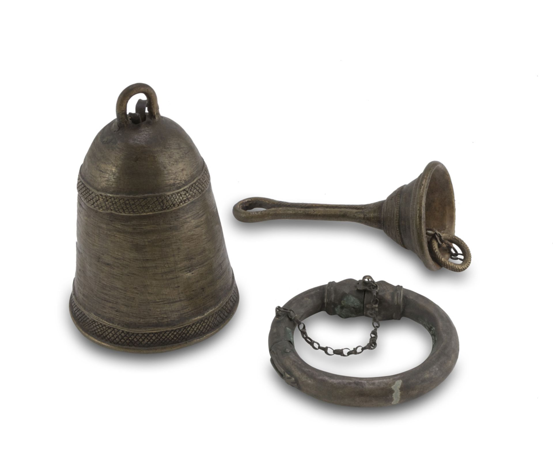TWO BELLS AND A BRACELET IN BRONZE, INDIA 19TH CENTURY