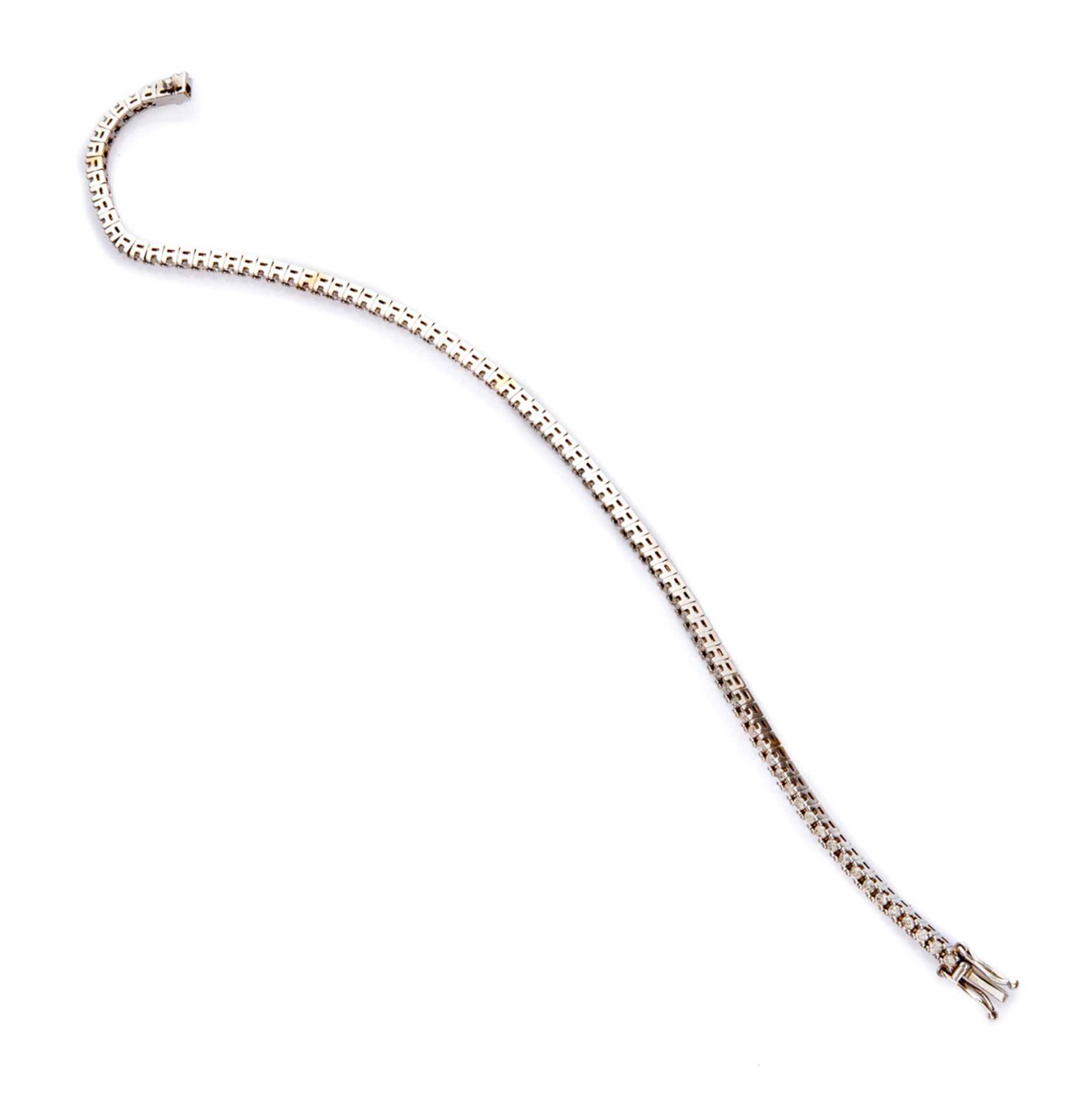 TENNIS BRACELET in white gold 18 kts., embellished with diamonds. Length cm. 19,5, diamonds ct. 1.