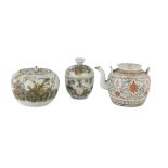 THREE POLYCHROME ENAMELLED PORCELAINS, CHINA 20TH CENTURY consisting of a teapot, a small potiche