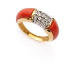 RING in yellow gold 18 kts., band with coral elements and central diamonds. Diamonds ct. 0.50 ca.,