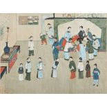 CHINESE SCHOOL, 20TH CENTURY INSIDE OF COURT Mixed technique on silk, cm. 32 x 48 Framed SCUOLA