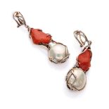 FANTASY EARRINGS in silver 800, decorated with pearls and red coral. Length cm. 6,00, total weight