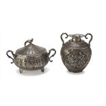 SILVER VASE AND SUCRIER, PROBABLY ETHIOPIA, EARLY 20TH CENTURY decorated with scenes of daily life