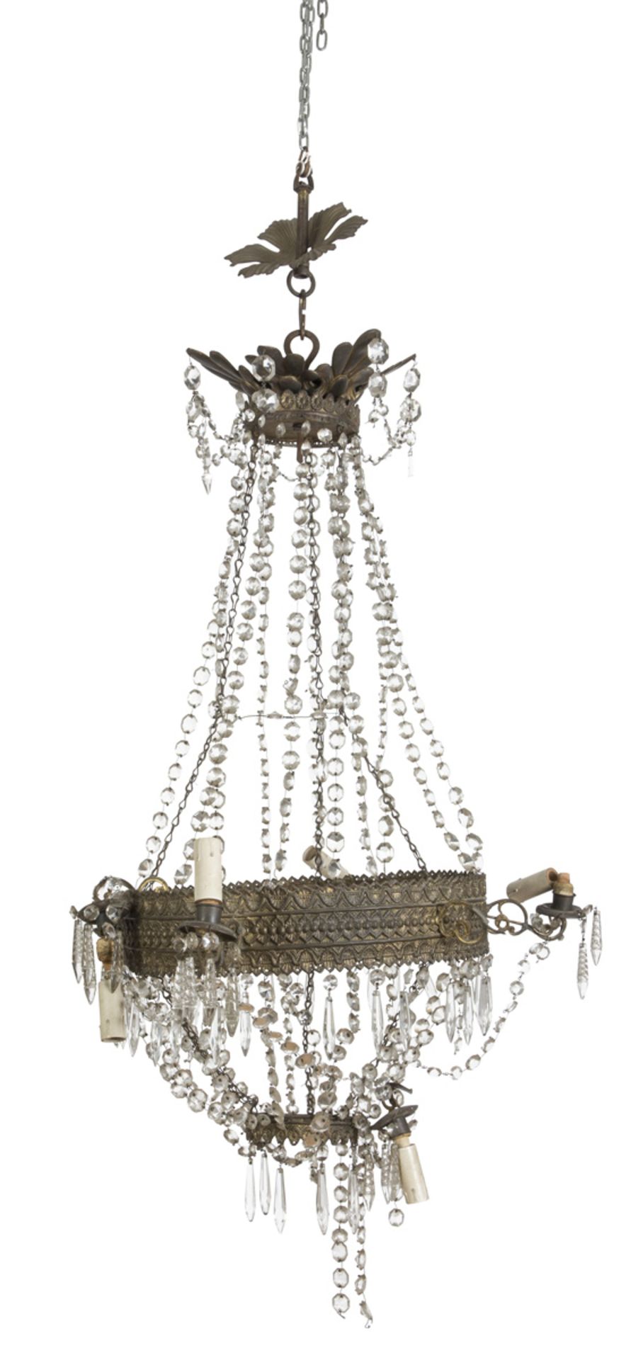 BELL CHANDELIER, EMPIRE PERIOD with crown in gilded and embossed metal with six arms, with rows of