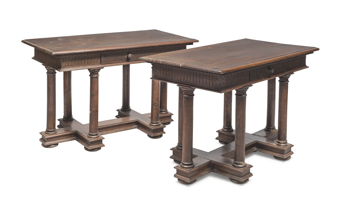 A PAIR OF TABLES IN WALNUT, PROBABLY EMILIA, 19TH CENTURY with rectangular tops and fluted band with