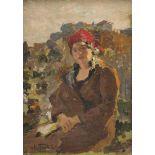 ADA PRATELLA (Naples 1901 - 1929) Woman with red foulard Oil on panel, cm. 22 x 16 Signature