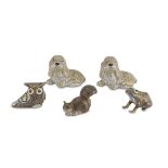 FIVE SMALL CLOISONNÉ SCULPTURES, CHINA 20TH CENTURY representing two dogs, an owl, a squirrel and