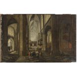 FLEMISH PAINTER, 17TH CENTURY Inside of cathedral with figures Oil on paper applied on panel, cm.