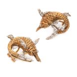 BEAUTIFUL EARRINGS in yellow gold 18 kts., shaped to fish embellished with diamonds. Diamonds ct.