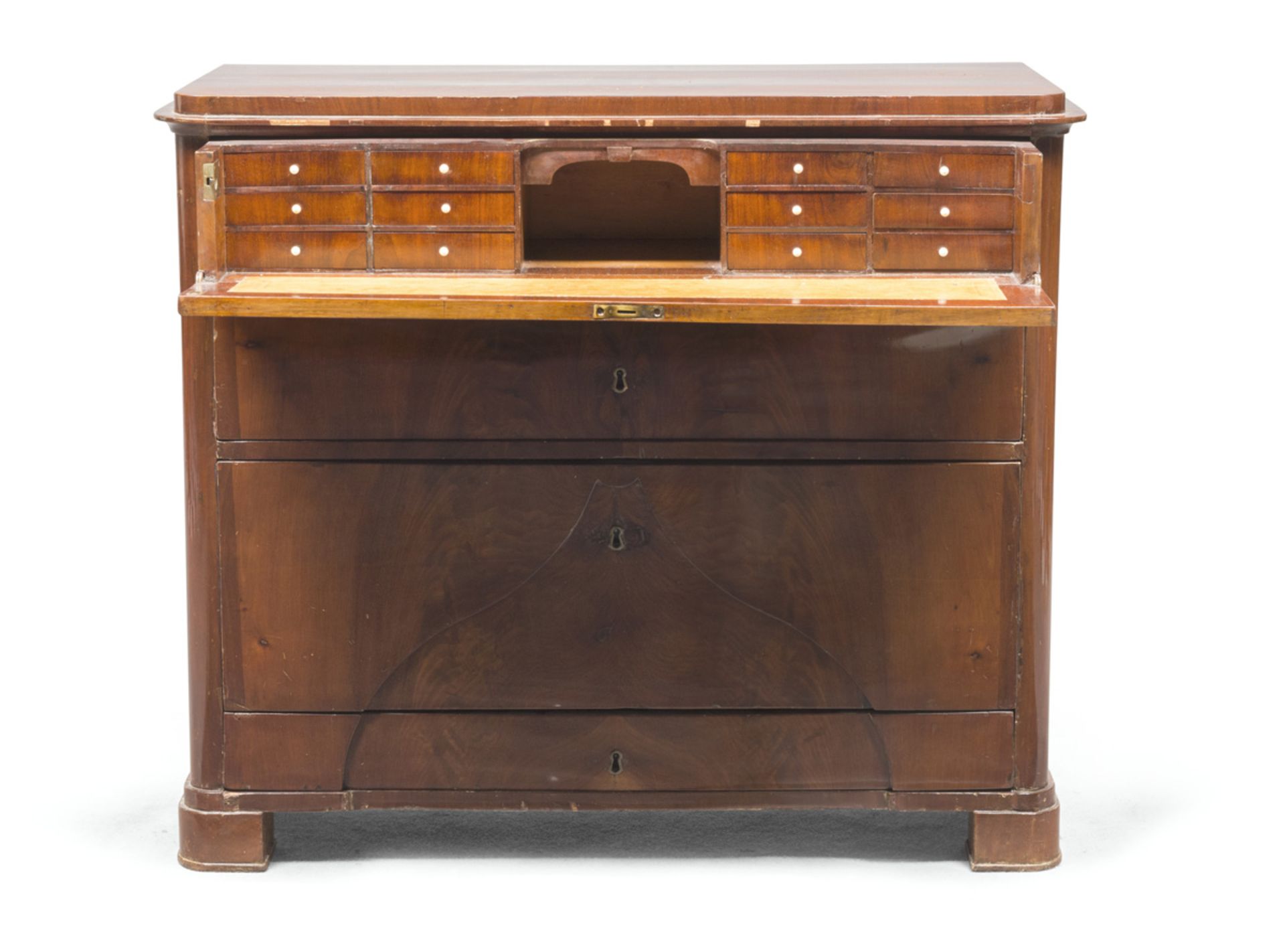 COMMODE SECRETAIRE IN FEATHER MAHOGANY, ENGLAND 19TH CENTURY three drawers on the front, superior