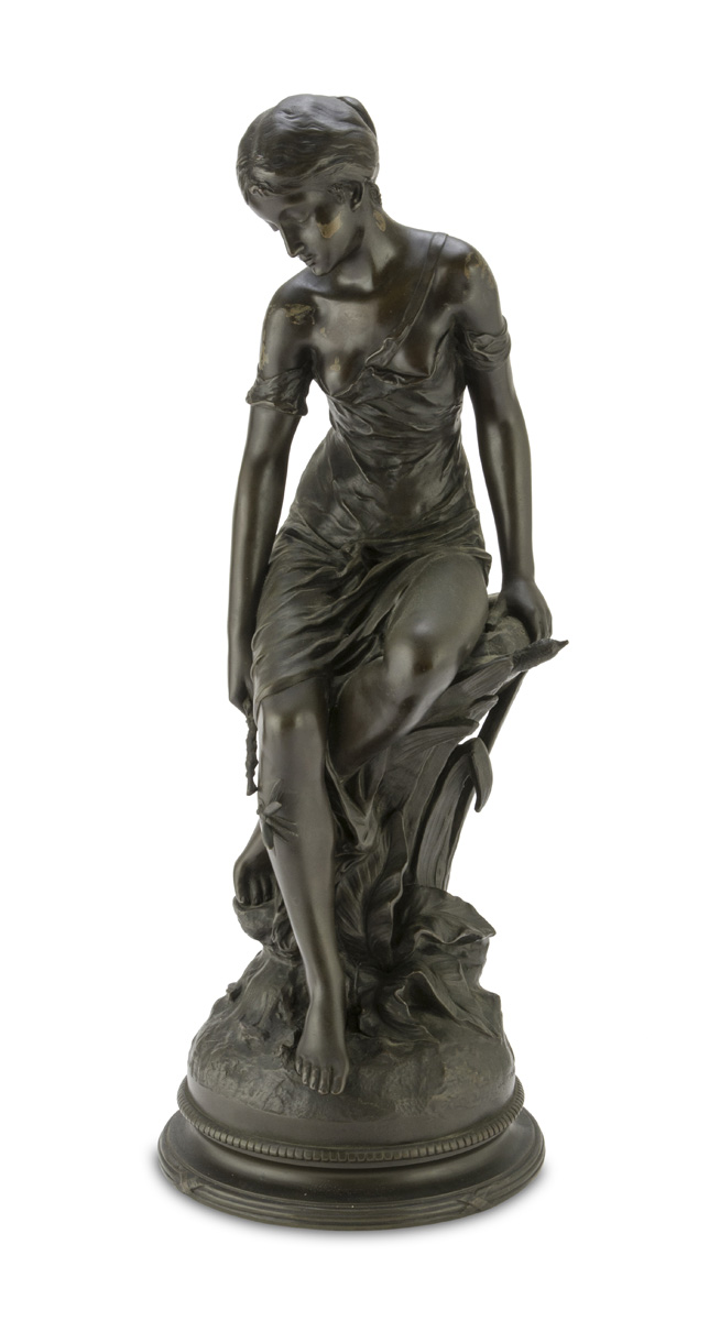 EDOUARD DROUOT (Sommervoire 1859 - 1945) Sitting woman with twig Bronze with burnished patina, cm.