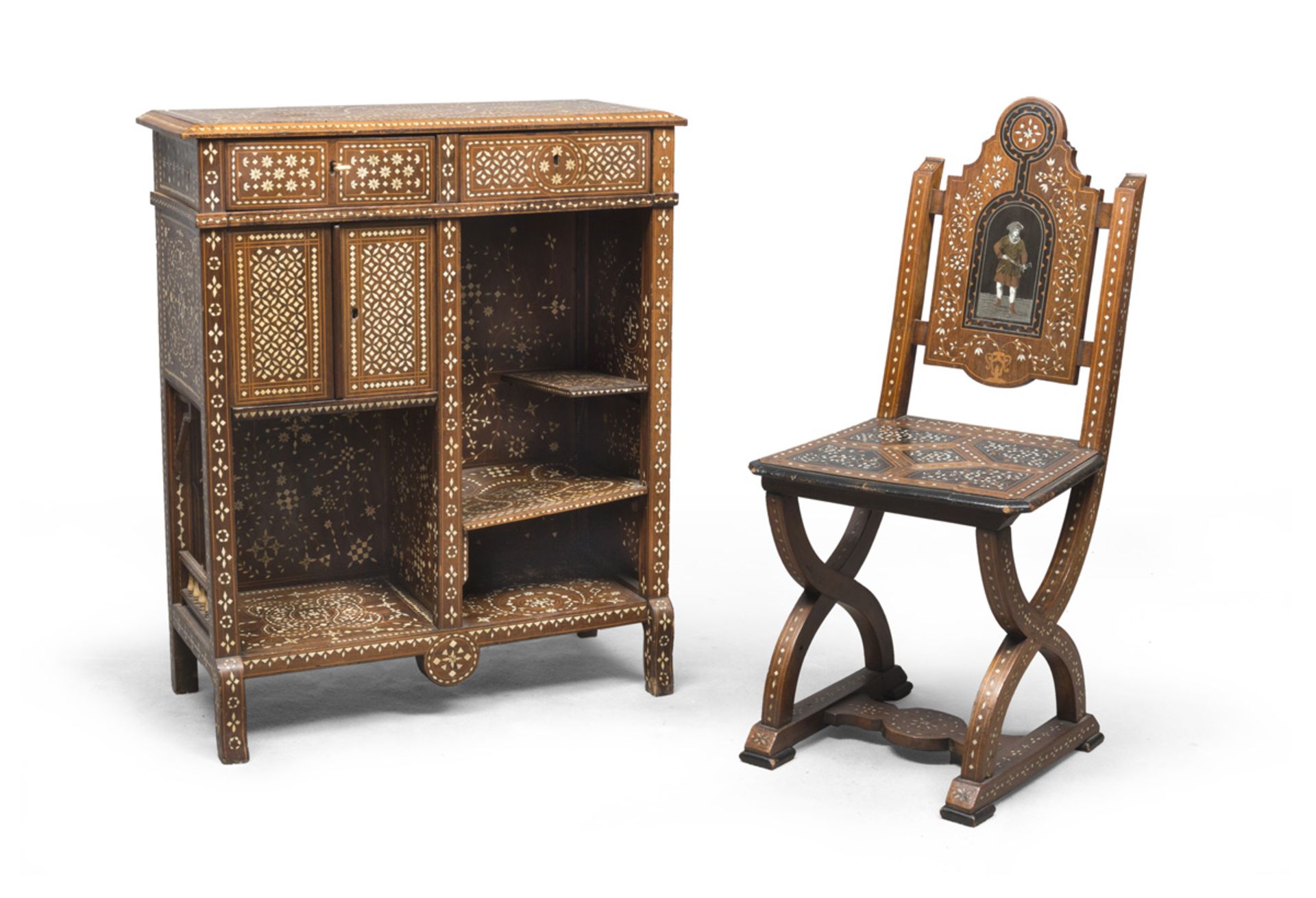 SMALL SIDEBOARD AND CHAIR IN BOXWOOD, PROBABLY FLORENCE FINE 19TH CENTURY with rich vegetal inlays