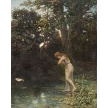 ITALIAN PAINTER, 19TH CENTURY Woman at a little pond in the wood Oil on canvas, cm. 90 x 70