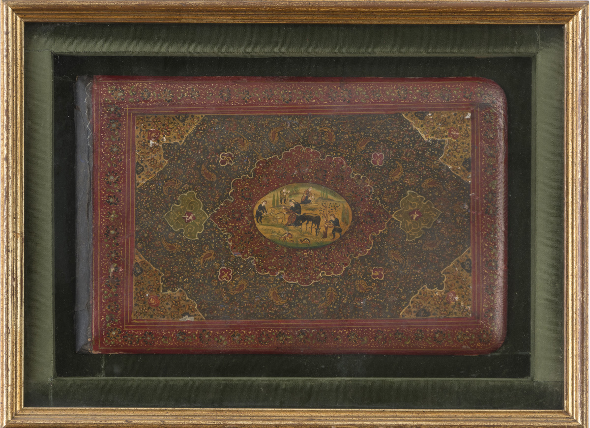 MINIATURE IN LEATHER APPLIED ON PANEL PERSIA EARLY 20TH CENTURY representing a rural scene delimited