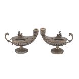 A PAIR OF OIL LAMPS IN SILVER, PUNCH KINGDOM OF ITALY 1934/1944 with fluted bowl and figure of Roman