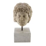 HEAD IN WHITE STATUARY MARBLE, LATE 19TH CENTURY representing young Roman. Recent base in veined