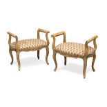 A PAIR OF SMALL BENCHES IN LACQUERED WOOD, 19TH CENTURY with gilded finishes, dolphin arms and