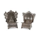 A PAIR OF SILVER SALTCELLARS, PUNCH MOSCOW 1908/1926 shaped to chairs, with backs pierced to front