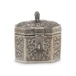 SMALL SILVER-PLATED BOX, PROBABLY INDIA EARLY 20TH CENTURY body with vegetal motifs, figure of