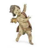 SCULPTURE OF CHERUB IN LACQUERED WOOD, EARLY 19TH CENTURY in polychromy and gold, in flying pose.