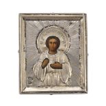 Russian painter, EARLY 20TH CENTURY Saint John Oil on panel icon, cm. 5 x 4 Riza in silver, punch