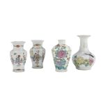 FOUR SMALL PORCELAIN VASES IN POLYCHROME ENAMELS, CHINA 20TH CENTURY decorated with fantasies of