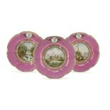 THREE BEAUTIFUL PORCELAIN DISHES, ENGLAND 19TH CENTURY in pink enamel and polychromy, decorated with