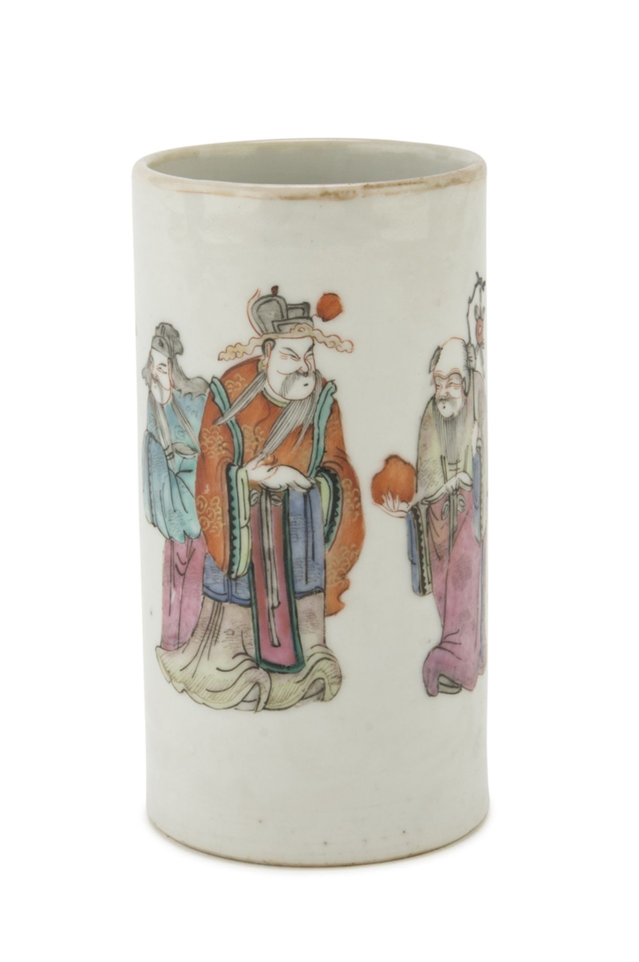 BRUSH HOLDER IN POLYCHROME ENAMELLED PORCELAIN, CHINA 20TH CENTURY cylindrical body decorated with