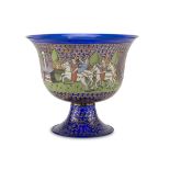 CUP IN BLUE GLASS, CENTRAL EUROPE, EARLY 20TH CENTURY painted with scenes of horsewomen in landscape