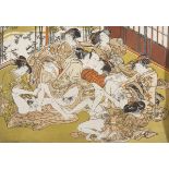 Japanese school, 20TH CENTURY REPRESENTATION SHUNGA Polychrome woodcut, cm. 15 x 35 Japanese school,