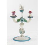 TWO-BRANCHED CANDLESTICK IN COLORED GLASSES MURANO EARLY 20TH CENTURY