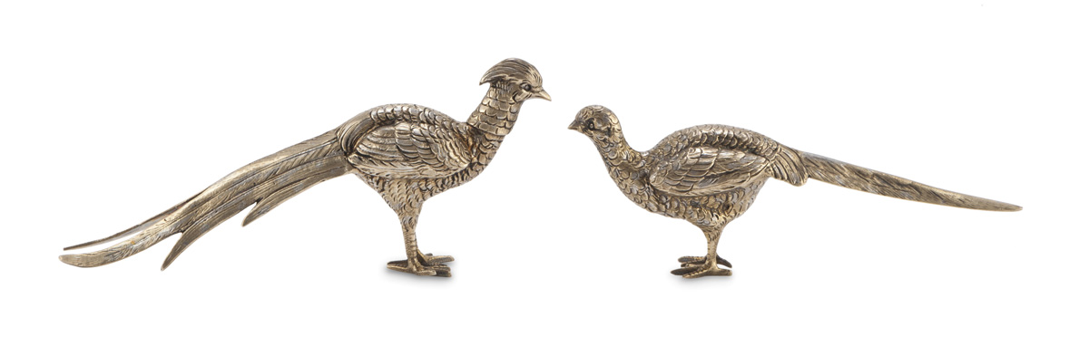 A PAIR OF SILVER-PLATED PEACOCK FIGURES 20TH CENTURY