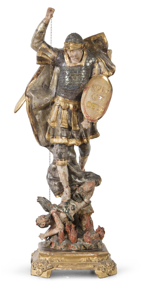 SCULPTURE OF SAINT MICHAEL IN LACQUERED WOOD 18TH CENTURY