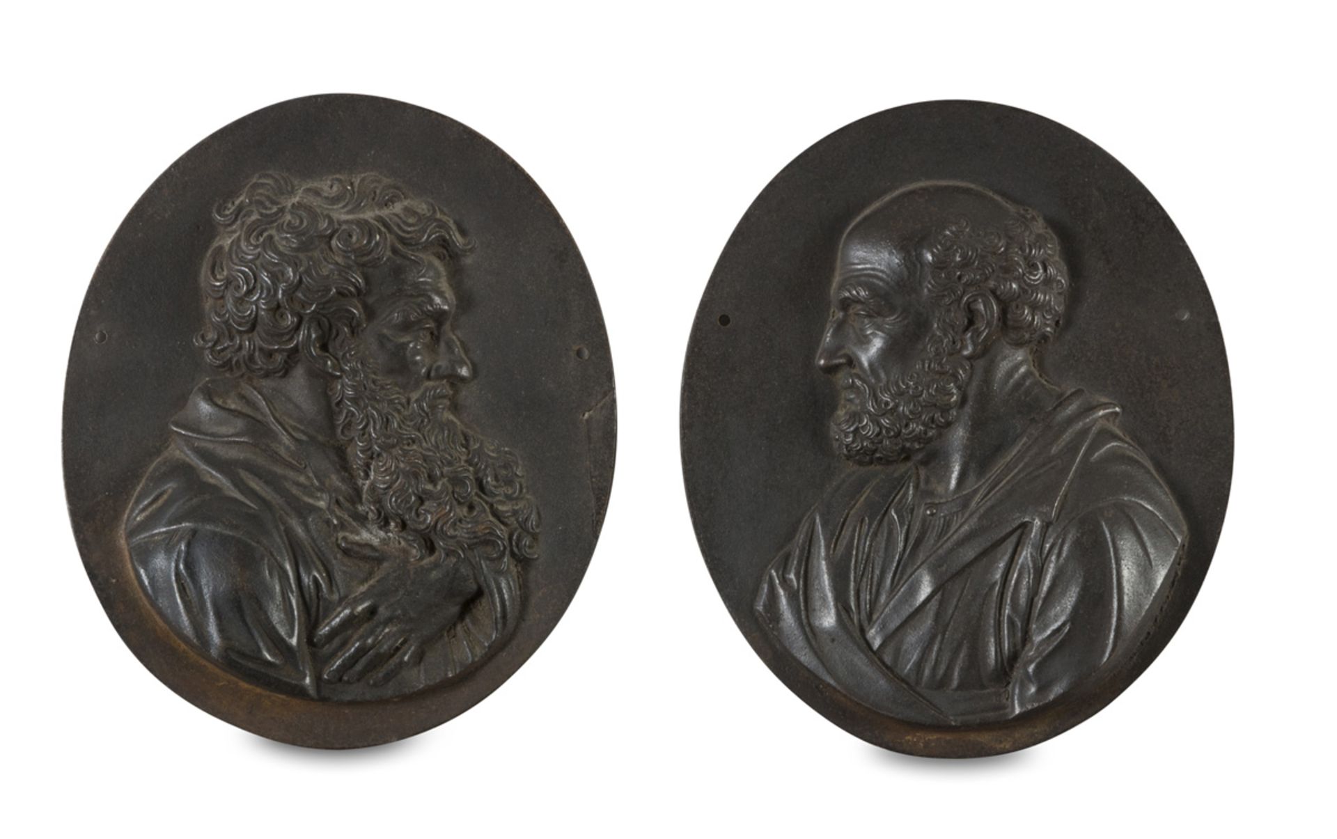 PAIR OF SMALL HIGH-RELIEF SCULPTURES IN IRON 19TH CENTURY