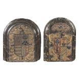 PAIR OF HERALDIC COATS OF ARMS IN PORTORO MARBLE PROBABLY SPAIN 18TH CENTURY