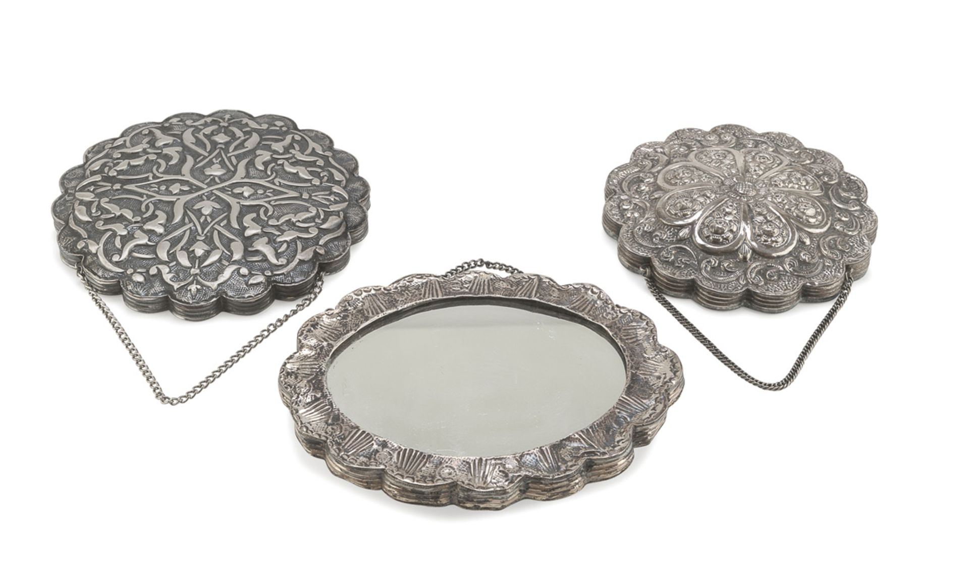 THREE SILVER-PLATED MIRRORS PROBABLY PERSIA EARLY 20TH CENTURY