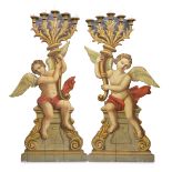 SPLENDID PAIR OF CANDELABRA IN PAINTED WOOD CENTRAL ITALY 17TH CENTURY