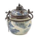 OPIUM CONTAINER IN WHITE AND BLUE PORCELAIN CHINA FIRST HALF 20TH CENTURY