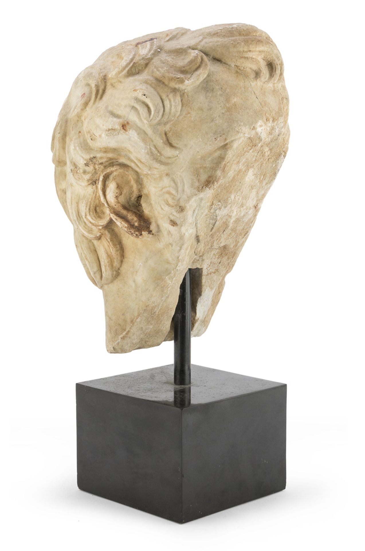 FRAGMENT OF MALE HEAD IN WHITE MARBLE 1ST-3RD CENTURY B.C.