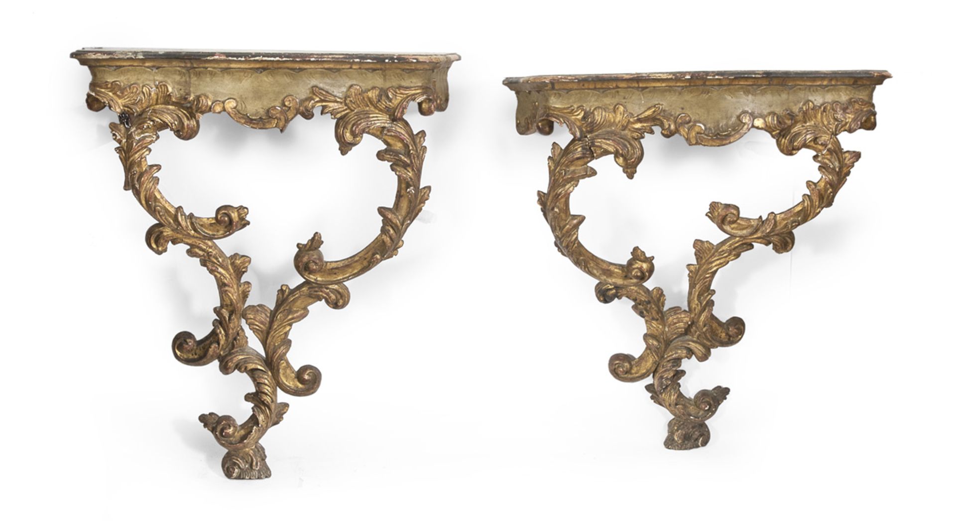 A PAIR OF SMALL CONSOLES IN GILTWOOD - ANCIENT ELEMENTS