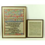 Two Victorian samplers, one in grey thread by 'M E Goodman, aged 12', dated 1866, 24 by 21cm,
