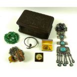 A collection of items including a Tibetan white metal and amber necklace formed of two rondels,