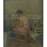 An early to mid 20th century oil on canvas of a mother and child sitting beside a bath,
