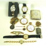 A group of jewellery and vertu, including a garnet and seed pearl hat pin, a silver cigarette case,