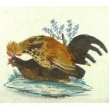 An unusual mixed media picture of two mating chickens, painted and with applied feathers, on paper,