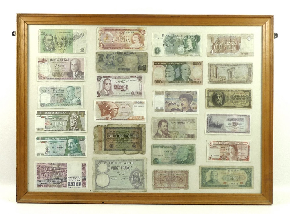 A large collection of post WWII world bank notes, mounted and framed in six frames, - Image 6 of 7