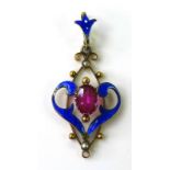 A Victorian 9ct gold Art Nouveau pendant with cerulean enamel detailing,